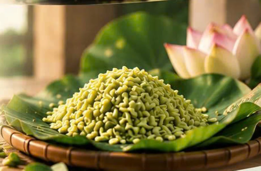 Cốm xanh trên lá sen bên hoa sen hồng