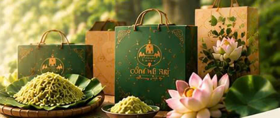 Set quà tặng cốm Mễ Trì trong túi giấy xanh
